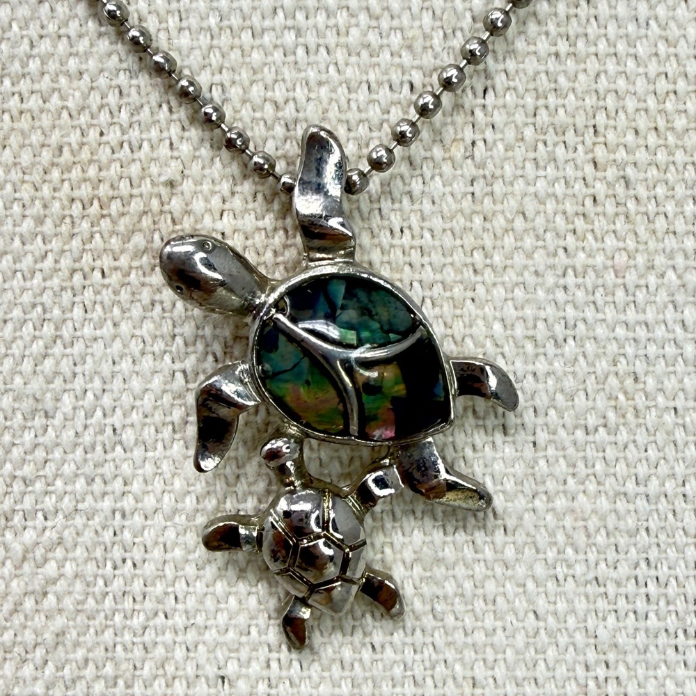 Sea‎ Turtle Necklace Abalone Shell Pendant Ball Chain Ocean Silver Tone